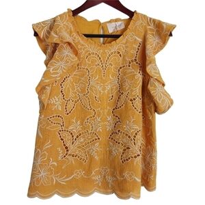 Skies Are Blue Yellow Embroidered Ruffle Sleeve Blouse